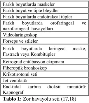 Tablo 1: Zor havayolu seti (17,18) 