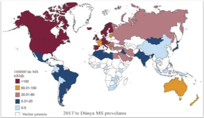 Şekil 2.5. Multipl skleroz prevelansı (103) 2.3.4. Etiyopatogenez 