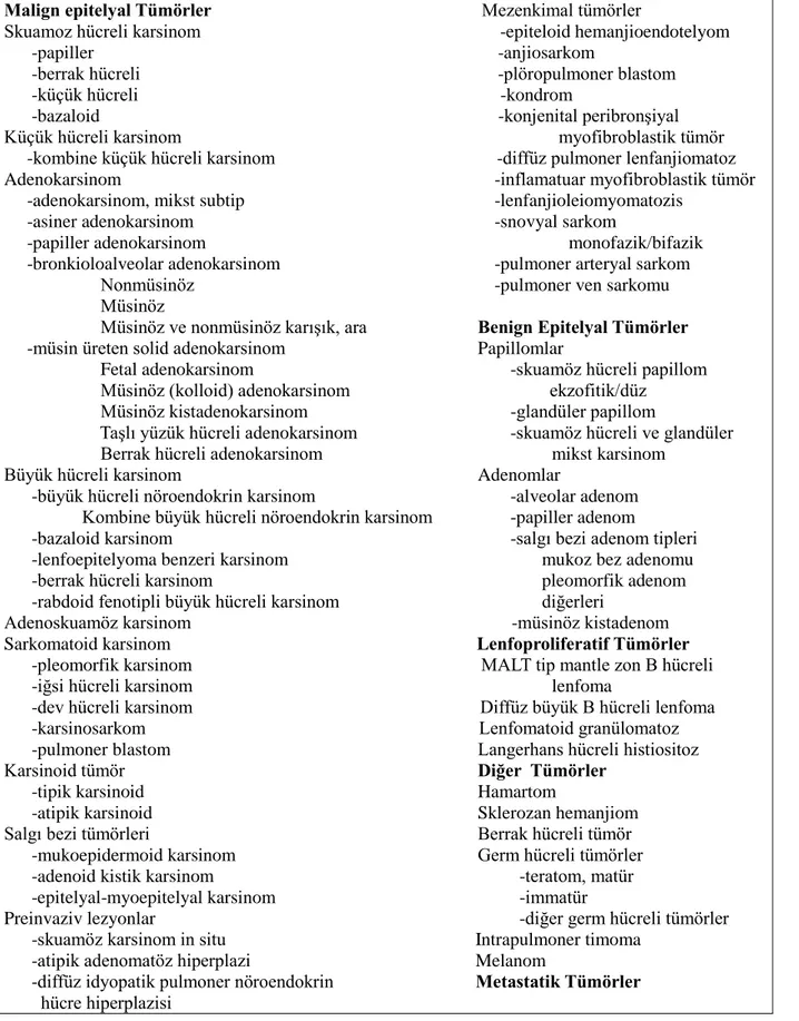 Tablo 4. Malign akciğer tümörlerinde histolojik sınıflama (DSÖ, 2007)  Malign epitelyal Tümörler       Mezenkimal tümörler  