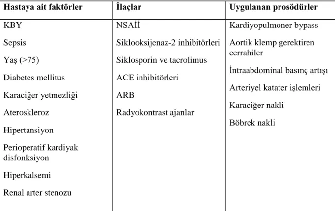 Tablo 4. Akut böbrek yetmezliği için önemli risk faktörleri 