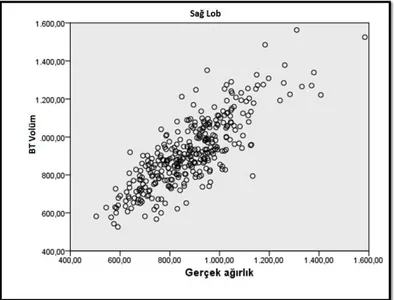 Grafik 5:  Sol lobu çıkarılan olgularda BT Volüm ile Gerçek ağırlık arasındaki etkileşim 