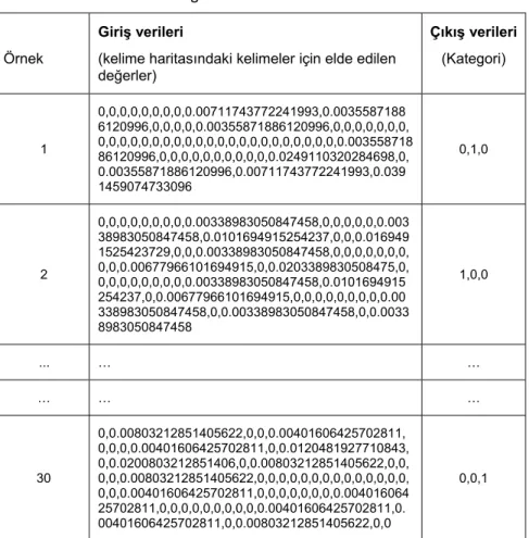 Tablo 2. Eğitim ve Test Verileri Vektörleri 