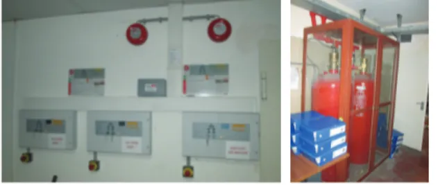 Şekil 8: Gazlı yangın söndürme sistemi panosu,  yangın alarm ve butonları (solda), sisteme ait gaz  tüplerinin koruma altına alınması (sağda).