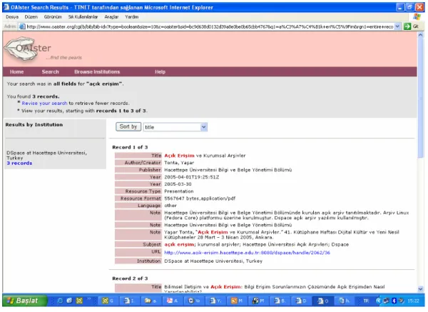 Figure 1. OAIster search results from Hacettepe University Open Archive Demonstration Project (2005)