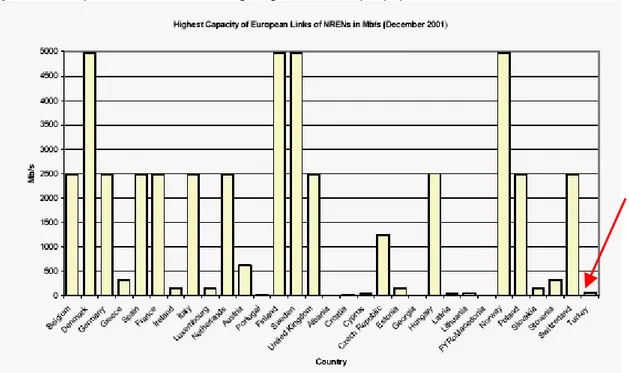 Şekil 5. Avrupa Ülkeleri Akademik Ağ Bağlantı Hızları (Mbps) 
