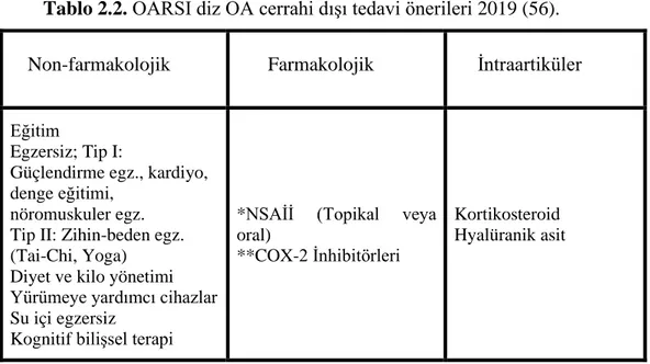Tablo 2.2. OARSI diz OA cerrahi dışı tedavi önerileri 2019 (56).  Non-farmakolojik  Farmakolojik  İntraartiküler 