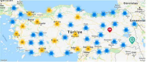 Şekil 2.2. Ülkemizde faaliyet gösteren sigara bırakma polikliniklerinin dağılımı (76)  2002 yılından bu yana sigara ile mücadele açısından daha kapsamlı ve önemli  faaliyetler yürütülmeye başlanmıştır