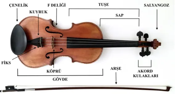 Şekil 2.2. Keman enstrümanı bölümleri (26). 