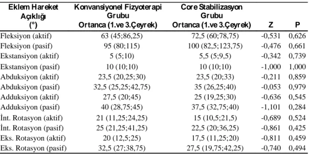 Tablo 4.5. Bireylerin tedavi öncesi eklem hareket açıklıklarının gruplara göre  karşılaştırılması