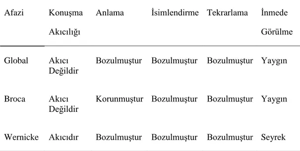 Tablo 2.2. Afazinin dil ve konuşma alanlarına göre sınıflandırılması (3). 