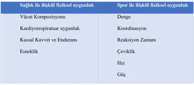 Tablo 2.1. Fiziksel uygunluk parametreleri (58) 