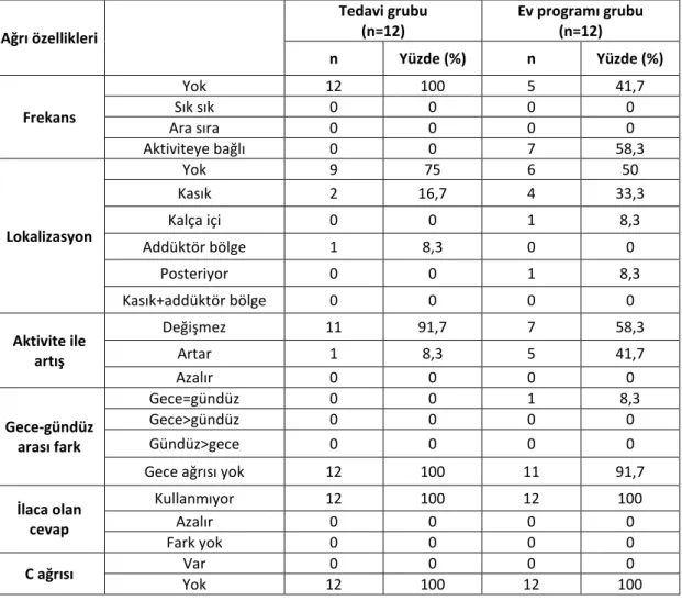 Tablo  4.11.  Cerrahi  sonrası  6.  ayda  Tedavi  ve  Ev  Programı  Grubu’ndaki  hastaların  ağrı özelliklerinin dağılımı  