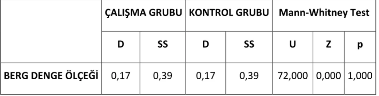 Tablo 4.8. Grupların Berg Denge Ölçeği skoru dağılımlarının karşılaştırılması (TS-TÖ).