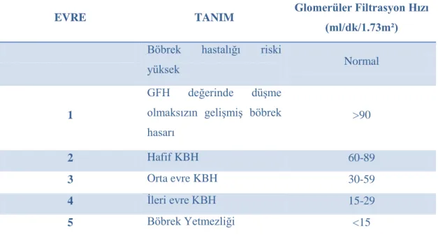 Tablo 2.1. Glomerüler filtrasyon hızına göre kronik böbrek hastalığı evrelemesi (16).  