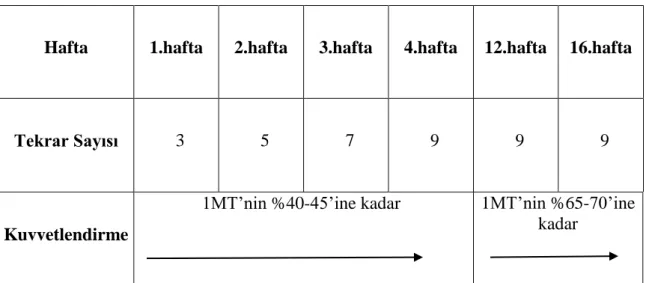 Tablo  3.3.1.  Olgulara  haftalara  göre  uygulanan,  egzersizlerin  tekrar  sayıları  ve 