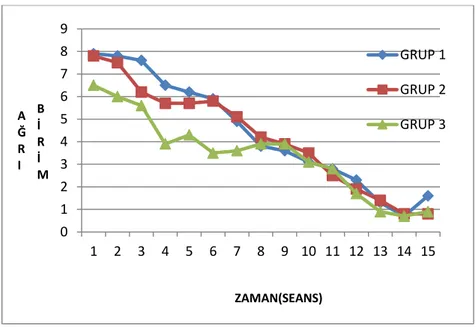 Şekil 4.2. Aktivite sırasında hissedilen ağrının gruplara göre değişimi 0123456789123456789 10 11 12 13 14 15GRUP 1GRUP 2GRUP 3AĞRIBİRİMZAMAN (SEANS)0123456789123456789 10 11 12 13 14 15 GRUP 1GRUP 2GRUP 3AĞRIBİRİMZAMAN(SEANS)