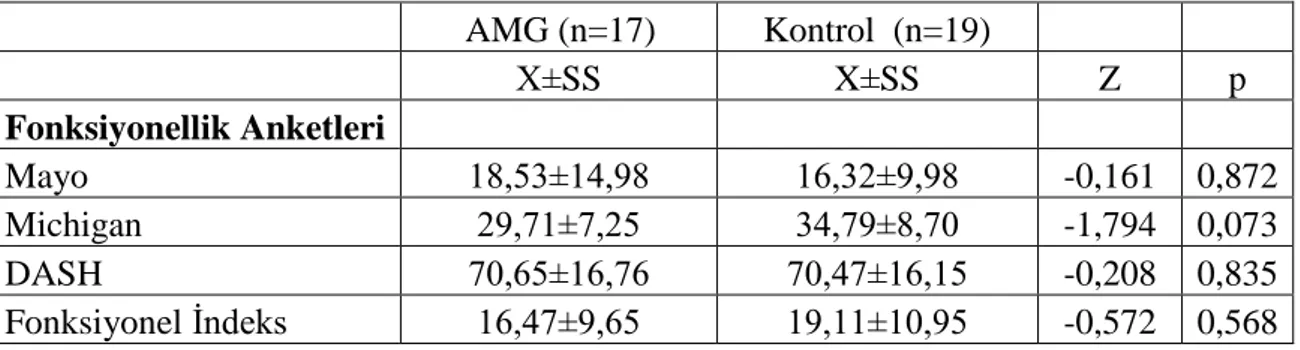 Tablo 4.6. Grupların tedavi öncesi fonksiyonellik seviyelerinin karşılaştırılması           AMG (n=17)  Kontrol  (n=19)        X±SS  X±SS  Z  p  Fonksiyonellik Anketleri           Mayo  18,53±14,98  16,32±9,98  -0,161  0,872  Michigan  29,71±7,25  34,79±8,