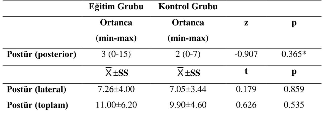 Tablo 4.10. Eğitim ve kontrol gruplarının postür analizi puanlarının karşılaştırılması 