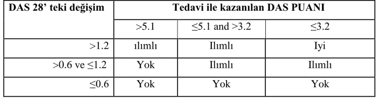 Tablo 2.8.1 Tedavideki DAS28 puan değişimi ve klinik anlamları 