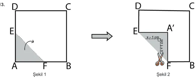 Şekil 1 ’de verilen alanı 169 cm 2  olan ABCD karesi biçimindeki kağıt, [EF] boyunca katlandığında karenin      A noktası Şekil 2 ’deki A' noktası ile çakışmaktadır