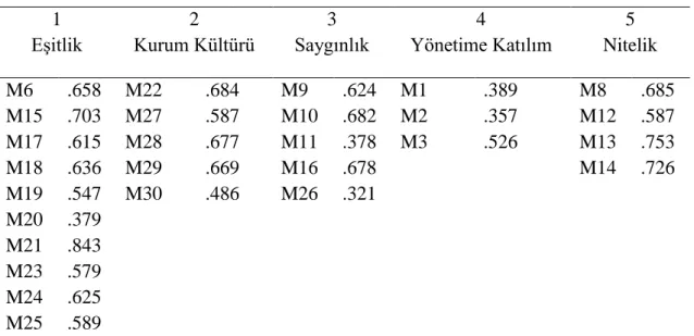 Tablo  13’te  görüldüğü  gibi  ölçek  beş  faktörden  oluşmaktadır.  Ölçeğin  birinci  faktörünün öz değeri 5,47, ikinci faktörünün öz değeri 2,79, üçüncü faktörünün öz değeri  1,78, dördüncü faktörünün öz değeri  1,75, beşinci  faktörün öz değeri ise 1,51