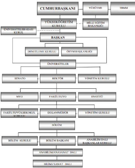 Şekil 2. Türkiye Yükseköğretim Sistemi Organizasyon Şeması (YÖK, 2007). 