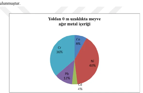 Şekil 4.3. Yol kenarına 0 m mesafeden alınan meyve örneklerinin ağır metal içerikleri (%)  Yol  kenarından  50  metre  uzaklıktaki  sıradan  alınan  meyvelerde  en  yüksek  ağır  metal içeriği % 49 oranında Ni elementinde belirlenmiştir (Şekil 4.4)