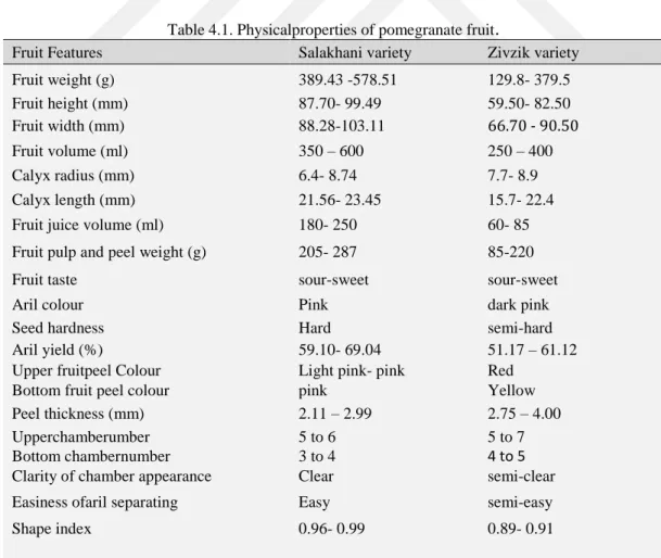 Table 4.1. Physicalproperties of pomegranate fruit. 