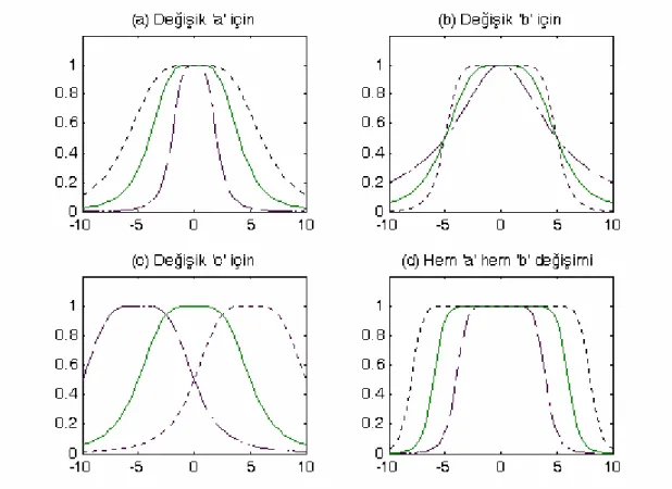 Şekil 3.2 Genelleştirilmiş bir çan fonksiyonunda parametrelerin değişim etkileri (d) için a/b oranı sabit olmak kaydıyla hem  a hem de b eşzamanlı değişiyor