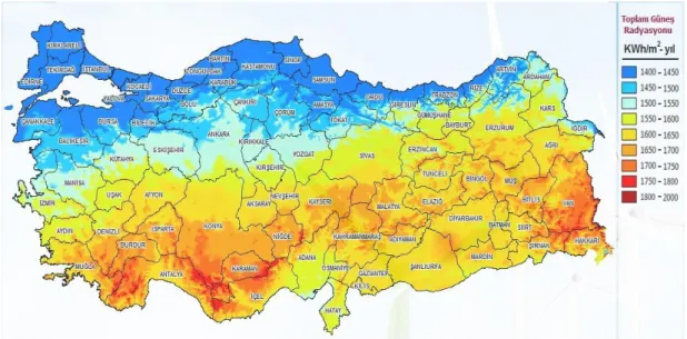 Şekil 1. Türkiye’nin Güneş Radyasyon Haritası 