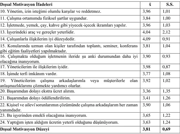 Tablo 6.2 İşgörenlerin Dışsal Motivasyon Ortalama ve Standart Sapmaları 