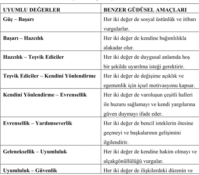 Tablo 1.4. Birbiri ile Uyumlu Değer Boyutları ve Güdüsel Amaçları