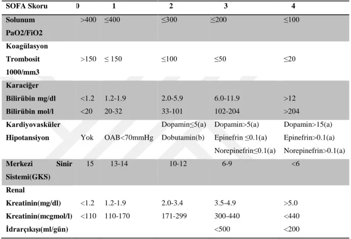 Tablo 2: SOFA  kriterleri 
