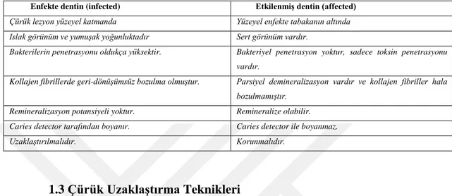 Çizelge 1.1: Enfekte ve etkilenmiş dentin arasındaki farklar 