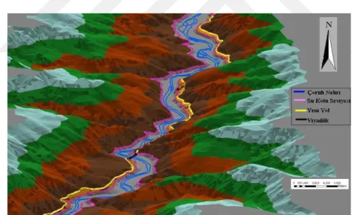 Şekil 34. Borçka barajı ve hes tesisi nedeniyle değişen yol ağı ve su kotu (Toker,2010) 