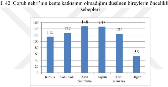 Şekil 43. Çoruh nehri’nin kente katkısının olmadığını düşünen bireylerin öncelikli olumsuz  alan puanlaması 