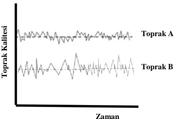 Şekil 3. Farklı genetik özelliklere sahip toprakların toprak kalitesi ile  ilişkilendirilmesi  (Karlen ve ark., 2011)  Toprak A Toprak BToprak KalitesiZaman  