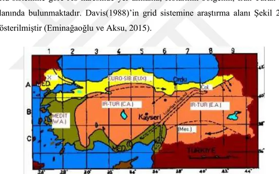 Şekil 2. Araştırma alanının Fitocoğrafik Bölge ve Davis'in grid sistemine göre konumu  (Eminağaoğlu ve Aksu, 2015) 