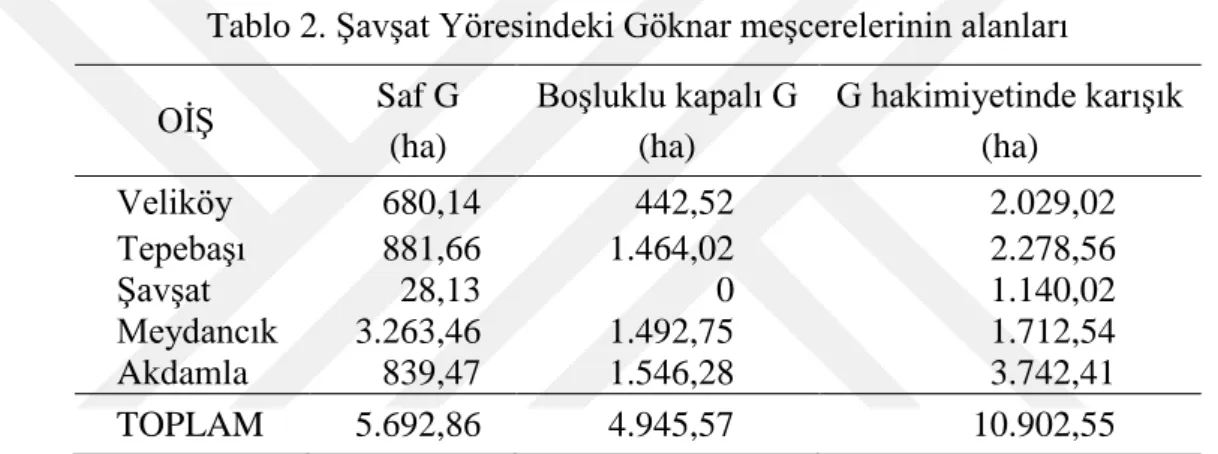 Tablo 2. Şavşat Yöresindeki Göknar meşcerelerinin alanları 