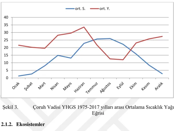 Şekil 3.    Çoruh Vadisi YHGS 1975-2017 yılları arası Ortalama Sıcaklık Yağış  Eğrisi 