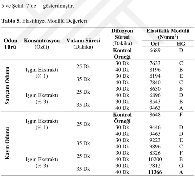 Tablo 5. Elastikiyet Modülü Değerleri  