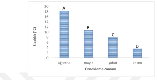 Şekil 19. Fabrika Deresi sularında ortalama sıcaklık değerlerinin örnekleme  zamanına bağlı değişimi