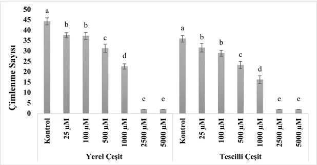 Şekil 3. Bakır konsantrasyonu uygulamalarına göre çimlenme sayıları abbcdeeabbcde e05101520253035404550Kontrol25 µM100 µM500 µM1000 µM2500 µM5000 µMKontrol25 µM100 µM500 µM1000 µM2500 µM 5000 µM