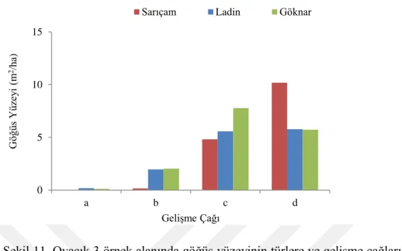 Şekil 11. Ovacık 3 örnek alanında göğüs yüzeyinin türlere ve gelişme çağlarına göre  dağılımı 