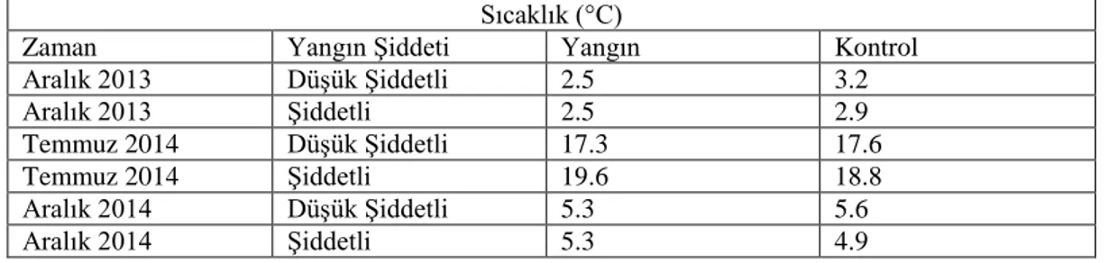 Tablo 21. Sıcaklığın zamana ve yangın şiddetine göre sıcaklığın değişimi  