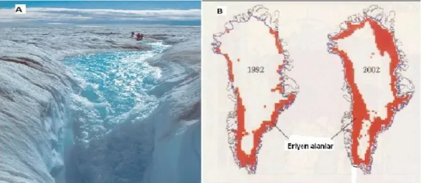 Şekil 4. A. Grönland Adası’ nda Buzulların Erimesiyle Oluşan Sular. B. 1992-2002 Yılları 