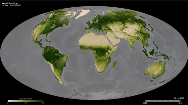 Şekil  2.3.  Dünyanın  Terra/MODIS  uydu  görüntüsünden  üretilmiş  NDVI  yüzeyi  (NASA, 2013) 