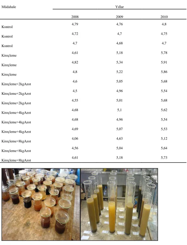 Tablo 4. Kireçleme sonucunda pH’daki değiĢim  Müdahale  Yıllar  2008  2009  2010  Kontrol  4,79  4,76  4,8  Kontrol  4,72  4,7  4,75  Kontrol  4,7  4,68  4,7  Kireçleme  4,61  5,18  5,78  Kireçleme  4,82  5,34  5,91  Kireçleme  4,8  5,22  5,86  Kireçleme+2