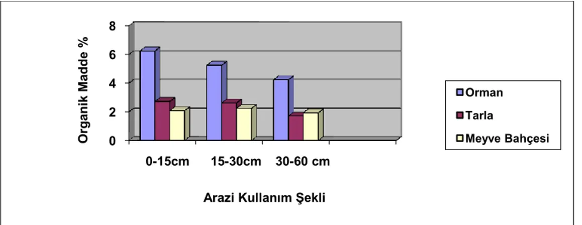ġekil 3. Organik maddenin kullanım Ģekli ve toprak derinliğine göre değiĢimi  024680-15cm15-30cm 30-60 cm Organik Madde %