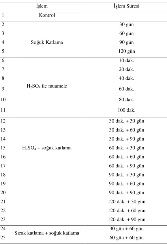 Tablo 2. Cotoneaster nummularia Türünde Uygulanılan İşlemler  